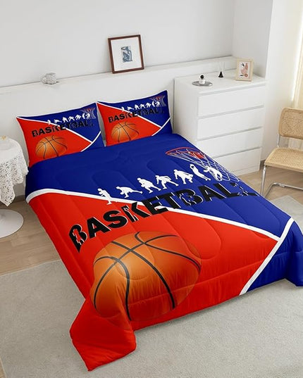 Erosebridal Basketball Full Bedding Sets for Boys Girls Basketball Player Comforter Set Sports Bedding Comforter Sets for Kids Teen Orange Blue Geometric Quilt Duvet 2 Pillow Cases Bedroom Dorm Decor - LeafyLoom