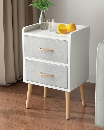 LUCKNOCK NightStand with 2 Fabric Drawers, Bedside Table with Solid Wood Legs, Minimalist and Practical End Side Table for Bedroom, White. - LeafyLoom