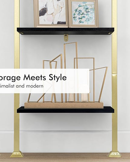 Axeman 5-Tier Ladder Bookcase, Tall Narrow Bookshelf for Small Spaces, Modern Book Storage Organizer Case Open Shelves for Bedroom, Living Room, Office, Library, Gold Metal Frame and Blakc Shelf - LeafyLoom