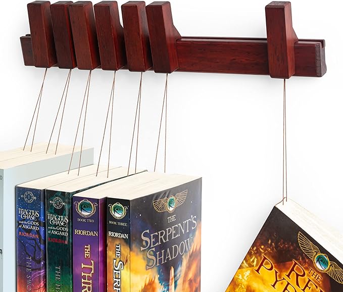 Floating Wall Bookshelf - Wall Mounted Book Organizer with Included Bookmarks - Hardwood Hanging Bookshelf for Bedroom, Living Room, or Kitchen - A Thoughtful Gift for Book Lovers (Dark) - LeafyLoom