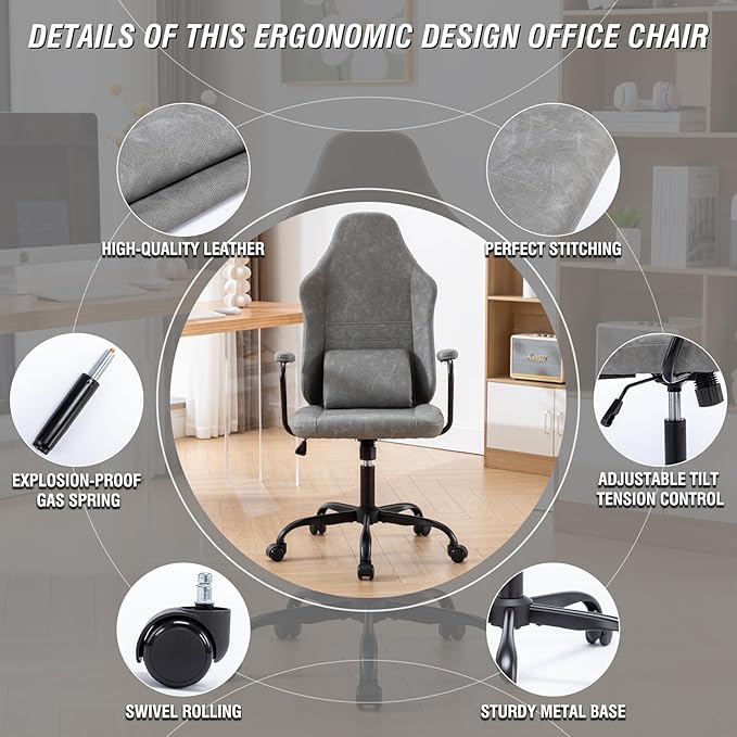 Executive Office Chair, Home Office Desk Chair, High Back PU Leather Desk Chair, 360° Swivel Computer Chair, Height Adjustable Tilt Vanity Task Chair for Office, Reading Meeting Room - LeafyLoom