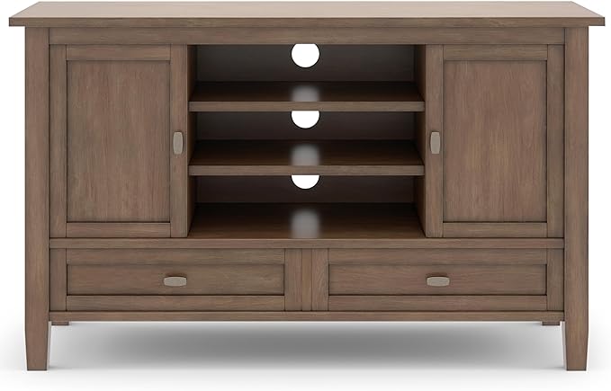 SIMPLIHOME Warm Shaker SOLID WOOD 47 Inch Wide Transitional TV Media Stand in Rustic Natural Aged Brown For TVs up to 50 Inches, For The Living Room and Entertainment Center - LeafyLoom