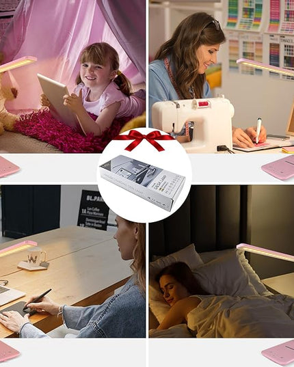 Desk Lamp with Wireless Charger, USB Charging Port, Dimmable Office Desk Light with Clock, Alarm, Date, Temperature, Foldable Lamp for Table Bedroom Bedside Office (Pink) - LeafyLoom
