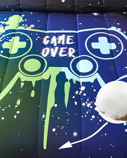 KAKKI Kids Gaming Bedding Sets Queen Size for Boys Teen, 5 Piece Bed in a Bag Gamer Comforter Set with Sheets, 3D Colorful Game Controller Comforter, All Season Soft Microfiber Bed Set(Blue,Queen) - LeafyLoom