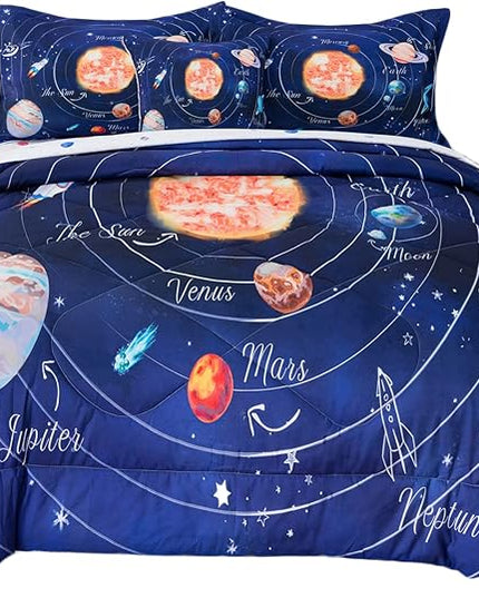ADASMILE A & S Solar System Comforter Set Twin Outer Space Comforter for Kids 6 Pcs Bed in A Bag Twin Comforter Set for Boys Space Bed Set Galaxy Comforter with Star Moon Sheets for Kids Home Decor - LeafyLoom