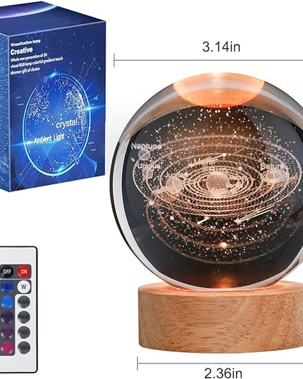 Large 3D Solar System Crystal Ball, Crystal Lamp 16 Color Changing Night Light with Remote Control for Bedroom Decor, Birthday Gift for Teens Boys and Girls, Solar System Model - LeafyLoom