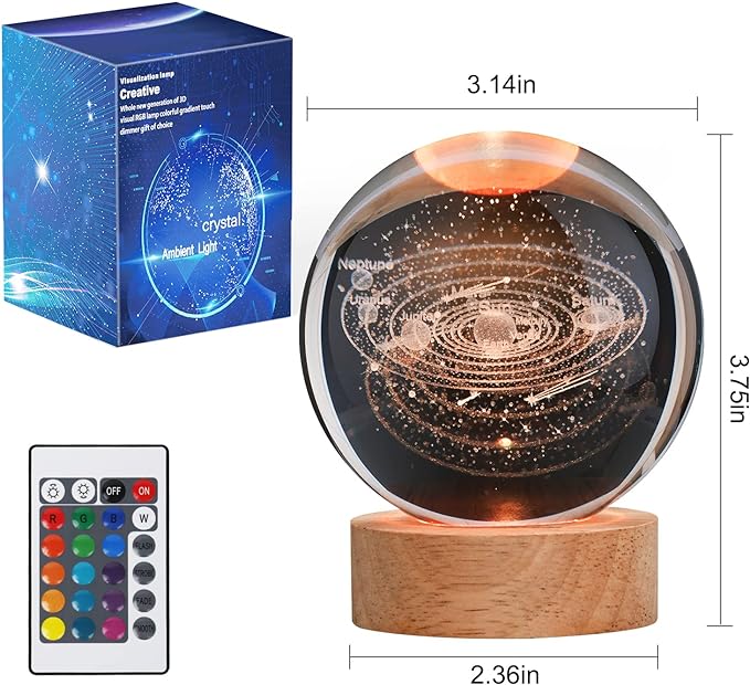 Large 3D Solar System Crystal Ball, Crystal Lamp 16 Color Changing Night Light with Remote Control for Bedroom Decor, Birthday Gift for Teens Boys and Girls, Solar System Model - LeafyLoom
