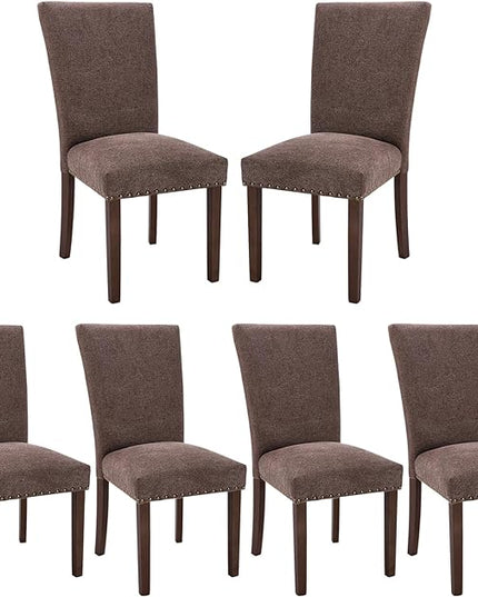 COLAMY Upholstered Parsons Dining Chairs Set of 6, Fabric Dining Room Kitchen Side Chair with Nailhead Trim and Wood Legs - Brown - LeafyLoom