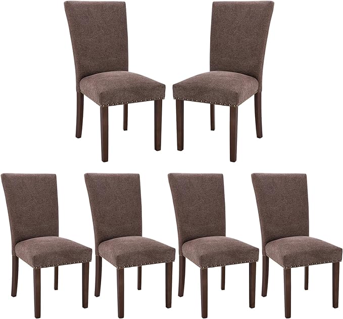 COLAMY Upholstered Parsons Dining Chairs Set of 6, Fabric Dining Room Kitchen Side Chair with Nailhead Trim and Wood Legs - Brown - LeafyLoom