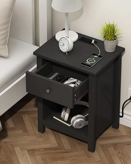 ChooChoo Nightstand with Charging Station, Wooden Top Bedside Table with Drawer and Storage Space for Bedroom, Black - LeafyLoom