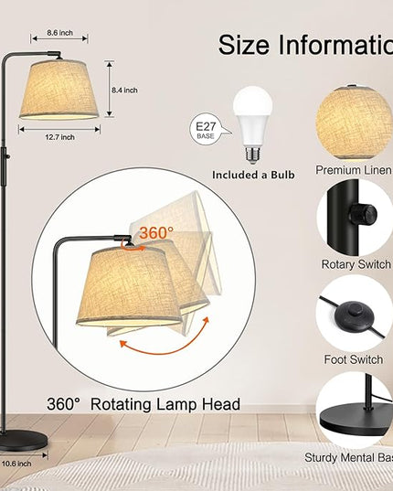 Floor Lamp with 3 Color Temperatures for Living Room Bedroom Office, Arc Modern Standing Lamp Tall Bright Corner Floor Lamp with Shade, Stepless Adjustable 3000K-6500K Colors, 9W LED Bulb - LeafyLoom