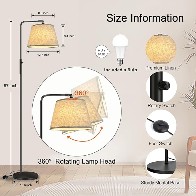 Floor Lamp with 3 Color Temperatures for Living Room Bedroom Office, Arc Modern Standing Lamp Tall Bright Corner Floor Lamp with Shade, Stepless Adjustable 3000K-6500K Colors, 9W LED Bulb - LeafyLoom