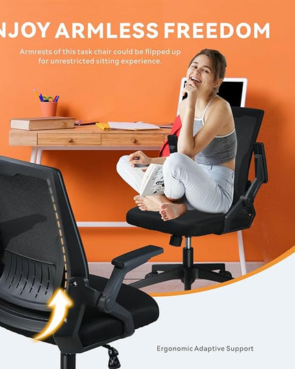 COMHOMA Office Chair with Flip-up Armrests Ergonomic Computer Desk Chair Foldable Mesh Task Chair with Wheels Adaptive Lumbar Support Swivel Tilt Comfortable Study Chair for Student, Black - LeafyLoom
