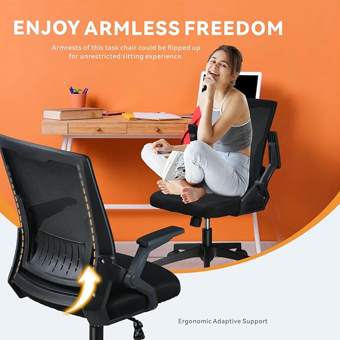 COMHOMA Office Chair with Flip-up Armrests Ergonomic Computer Desk Chair Foldable Mesh Task Chair with Wheels Adaptive Lumbar Support Swivel Tilt Comfortable Study Chair for Student, Black - LeafyLoom