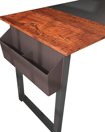 63 Inch Home Office Computer Two-Color Panel Desk with Storage Bag and Hook, Black, Sandalwood Color, Industrial Modern Laptop Desk - LeafyLoom