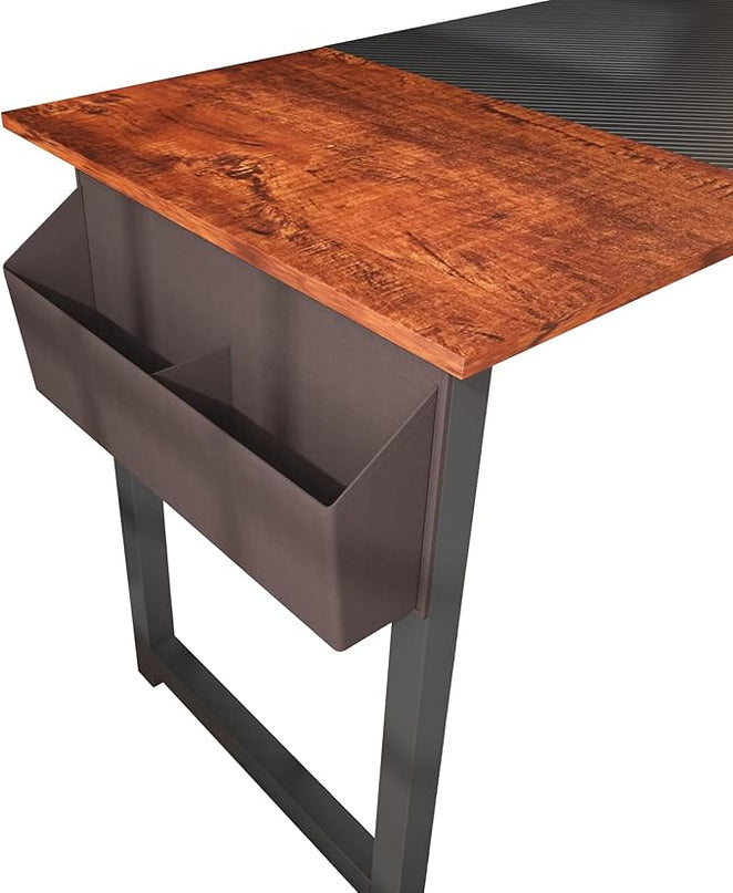 63 Inch Home Office Computer Two-Color Panel Desk with Storage Bag and Hook, Black, Sandalwood Color, Industrial Modern Laptop Desk - LeafyLoom