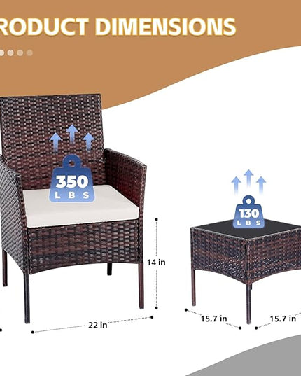Patio Furniture Set 3 Pieces All-Weather Rattan Outdoor Furniture Patio Chairs with Tempered Glass Table for Porch Bistro Balcony Bistro Set(Brown/White) - LeafyLoom