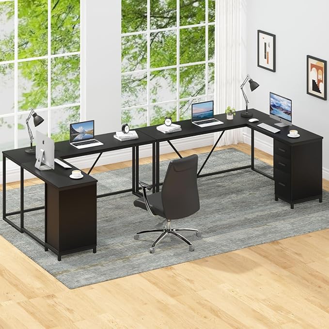HSH Large Black L Shaped Desk, Corner Wood Computer Desk with Drawer, Modern Work Home Office Desk with Storage Cabinet, Industrial Executive PC Study Writing Desk for Living Bedroom, Black, 59 Inch - LeafyLoom