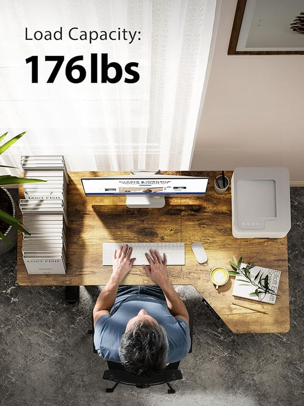 Marsail L Shaped Electric Standing Desk, 55x34 Inch Standing Desk Adjustable Height with Headphone Hook, Large Computer Desk Sit Stand Desk for Home Office Sturdy Writing Workstation, Vintage - LeafyLoom