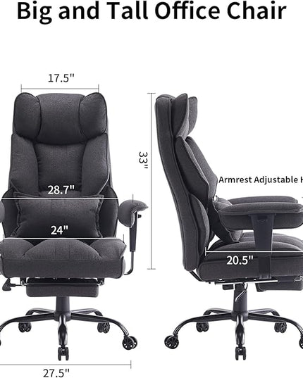 Fabric Office Chair, Big and Tall Office Chair 400 lb Weight Capacity, High Back Executive Office Chair with Foot Rest, Ergonomic Office Chair for Back Pain Relief, Dark Grey - LeafyLoom