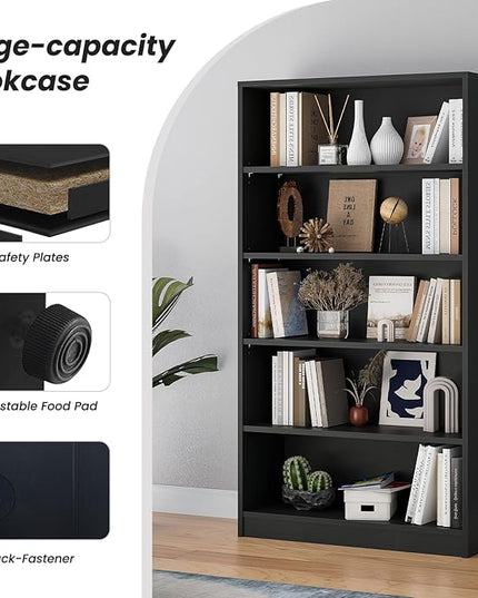 Farini 5 shelf boockase Display Bookcase Freestanding Wooden Bookshelves for Home Office Living Room,60 Inch Height,Black - LeafyLoom