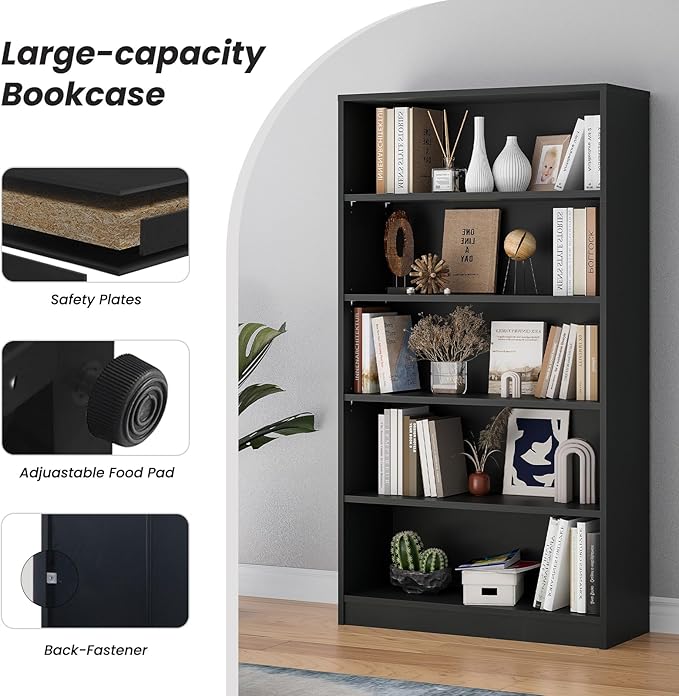 Farini 5 shelf boockase Display Bookcase Freestanding Wooden Bookshelves for Home Office Living Room,60 Inch Height,Black - LeafyLoom