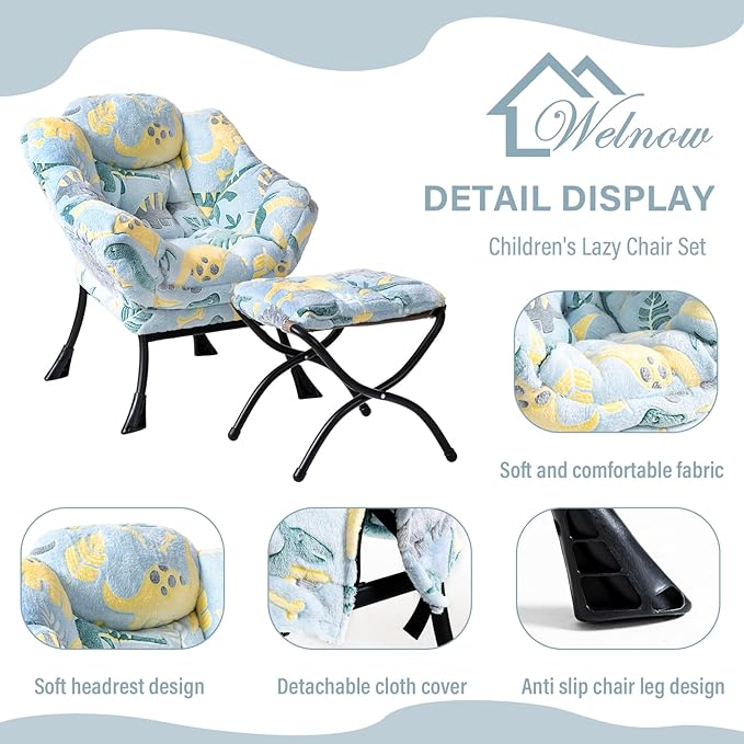 Welnow Toddler Kids Lazy Chair with Ottoman, Glow in The Dark Accent Comfy Lounge Children Armchair Couch with Removable Cover, Detachable Reading Chair with Footrest for Boy or Girl - LeafyLoom