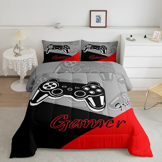Feelyou Gamer Comforter Set for Boys Teens Gaming Bedding Set Video Game Contoller Home Decor for Kids Down Alternative Comforter Queen Size 3 Pieces 1 Comforter with 2 Pillowcases - LeafyLoom