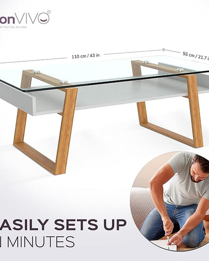 bonVIVO Modern Glass Coffee Table - Elegant Centerpiece for Living Room Decor with Tempered Glass Top, Sleek Design as A Gift for Home or Office Use, White - LeafyLoom