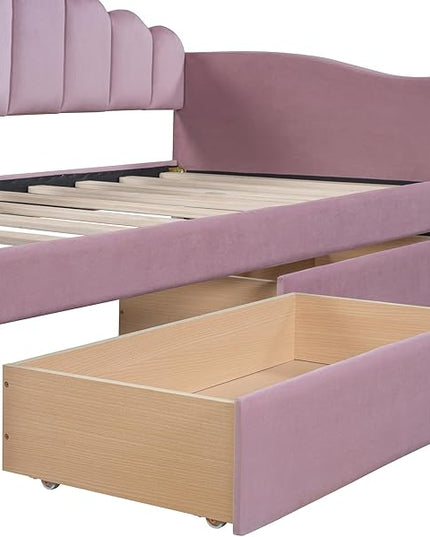 Twin Size Upholstered Daybed with 2 Drawers and Striped Headboard, Solid Wood Velvet Bed with USB Charging Ports, No Box Spring Needed, for Living Room, Bedroom, Dorm, Space-Saving Design - LeafyLoom
