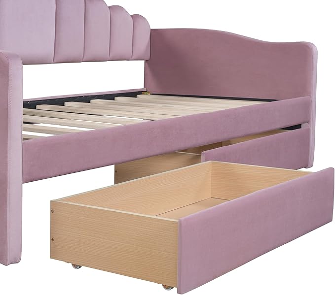 Twin Size Upholstered Daybed with 2 Drawers and Striped Headboard, Solid Wood Velvet Bed with USB Charging Ports, No Box Spring Needed, for Living Room, Bedroom, Dorm, Space-Saving Design - LeafyLoom