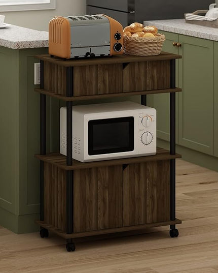 Furinno Turn-N-Tube Kitchen Storage Cart with Cabinet and Lockable Wheels, Columbia Walnut/Black - LeafyLoom