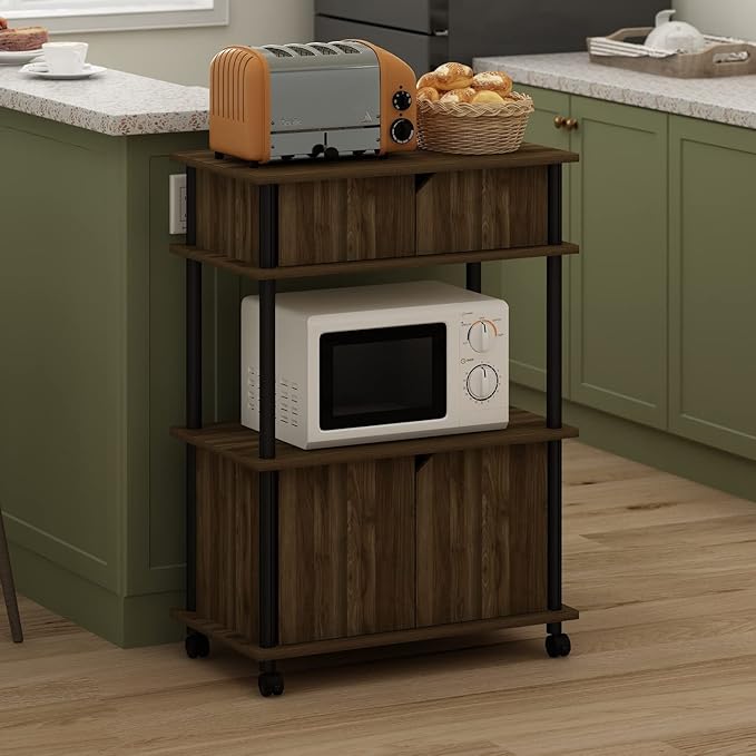 Furinno Turn-N-Tube Kitchen Storage Cart with Cabinet and Lockable Wheels, Columbia Walnut/Black - LeafyLoom