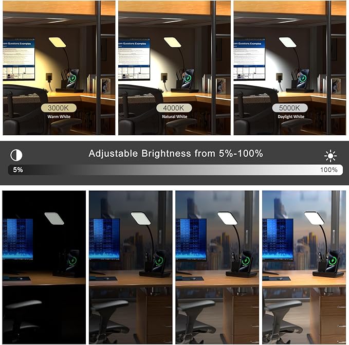 comzler LED Desk Lamp with Wireless Charger,Small Desk Lamps with Pen Phone Holder, Black Desk Lamp for for Home Office,8W 3 Modes Dimmable Touch Lamp, Desktop Study Lamps for College Dorm Room - LeafyLoom