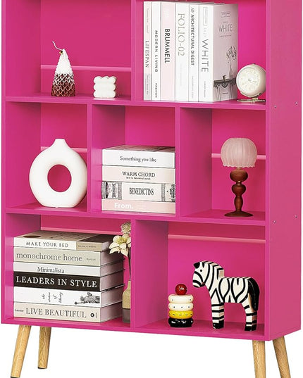 LEYAOYAO 7 Cube Bookshelf,3 Tier Book Shelf with Legs,Pink Modern Bookshelf,Large Freestanding Open Toy Modern Bookshelves,Display Bookcases Decor Furniture for Nursery - LeafyLoom