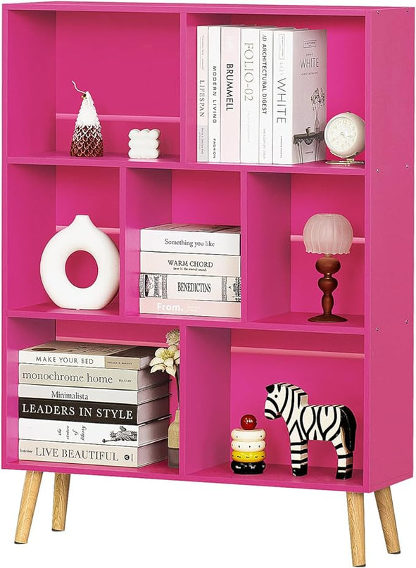 LEYAOYAO 7 Cube Bookshelf,3 Tier Book Shelf with Legs,Pink Modern Bookshelf,Large Freestanding Open Toy Modern Bookshelves,Display Bookcases Decor Furniture for Nursery - LeafyLoom