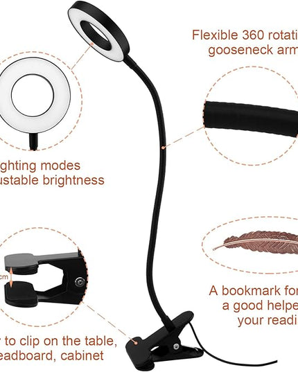 LED Clip On Light Reading Light, 10 Dimmable Brightness Gooseneck Clamp Desk Ring Light with Metal Bookmark for Reading Makeup Bedside (Size:Lamp+Bookmark) - LeafyLoom