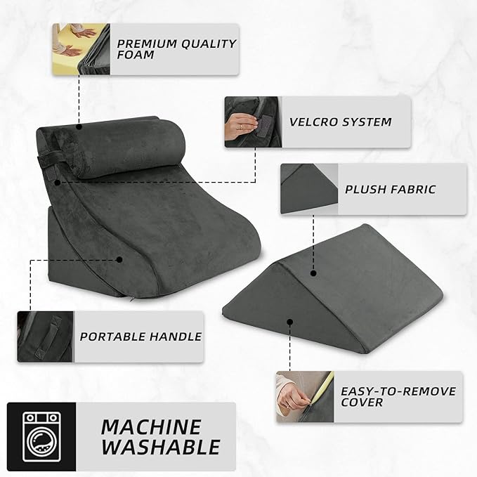 Axelrod Orthopedic Bed Wedge Pillow Set, Post Surgery Foam for Back, Neck and Leg Pain Relief Comfortable & Adjustable Ortho Pillows- Anti Snoring, Heartburn, Acid Reflux & GERD Sleeping Dark Grey - LeafyLoom