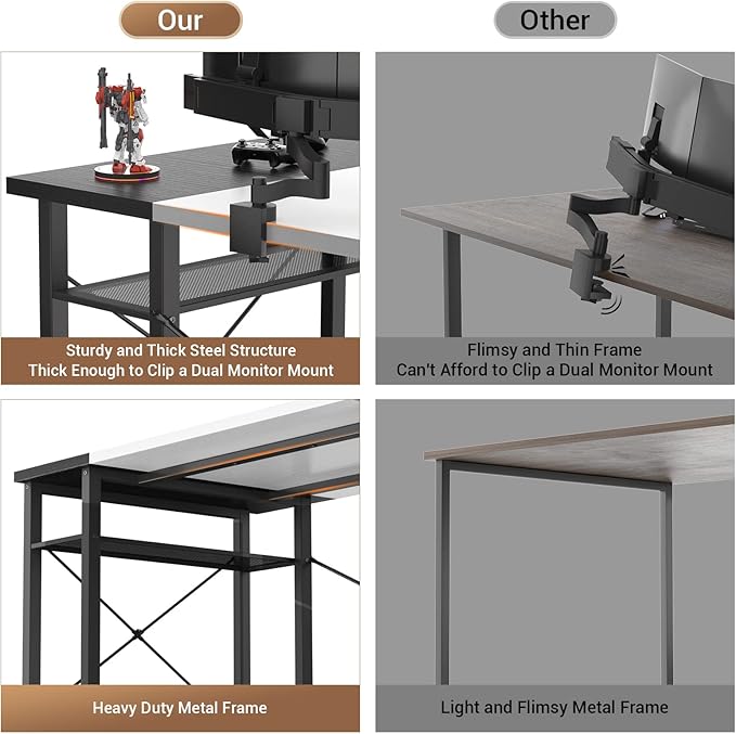armocity Computer Desk with LED Lights, 48 Inch Desk with Power Outlet and USB, Reversible Large Desk with Moveable Monitor Stand, 48'' Gaming PC Table for Home Office, Workstation, White and Black - LeafyLoom