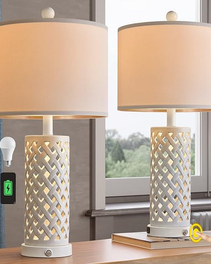 OYEARS 24.75'' Touch Control Table Lamp 3-Way Dimmable Bedroom Nightstand Set of 2 for Living Room Farmhouse Vintage Retro USB Bedside Ceramic Lamps with Linen Shade for Home Office (Bulb Included) - LeafyLoom