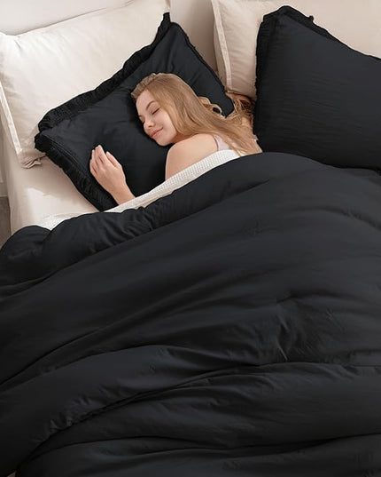 Andency Black Comforter Set Full Size, 3 Pieces Boho Tassel Lightweight Bedding Comforter Sets, All Season Soft Fluffy Fringe Bed Set (79x90In Comforter & 2 Pillowcases) - LeafyLoom