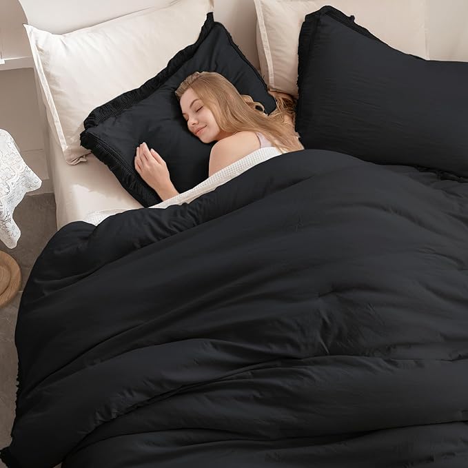 Andency Black Comforter Set Full Size, 3 Pieces Boho Tassel Lightweight Bedding Comforter Sets, All Season Soft Fluffy Fringe Bed Set (79x90In Comforter & 2 Pillowcases) - LeafyLoom