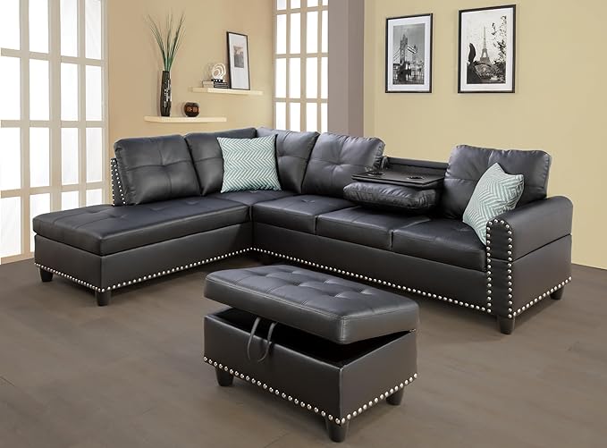 71" L Shaped Sectional Sofa with Storage Ottoman, Faux Leather Upholstered Modular Couch with Reversible Cup Holder, for Living Room, Apartment and Office, 71inch, Black-1 - LeafyLoom