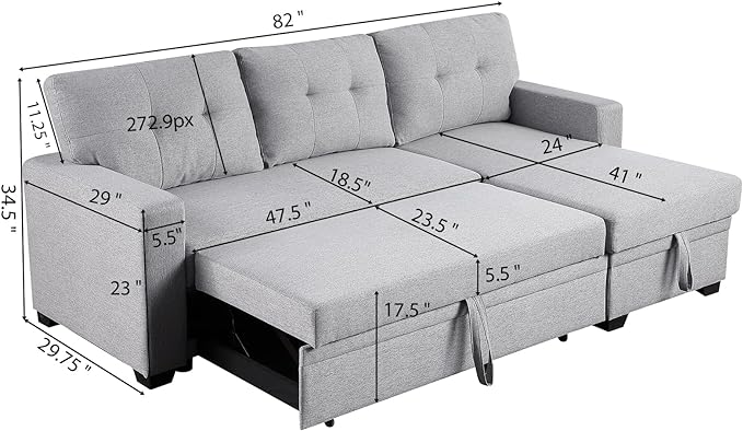 L Shape Sleeper Sofa Bed with Storage, Large Full Size Pull Out Sectional Couch, Futon Chaise Lounge Recliner for Living Room, Apartment, Bedroom, Office, Grey - LeafyLoom