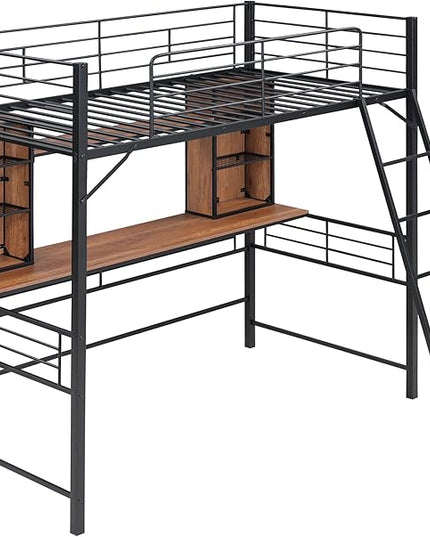RITSU Twin Size Loft Bed with Desk and Storage Shelves, Metal BedFrame,w/Ladder & Fenced Around Guardrails, Easy Assembly, for Adults, Kids, Teens, Black - LeafyLoom