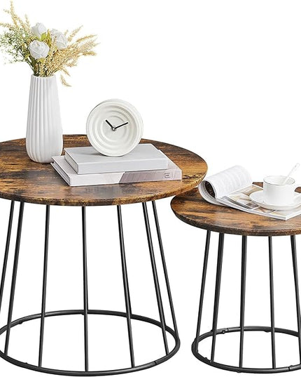 VASAGLE Round Coffee Tables, Set of 2, Modern Circle Side Tables with Steel Frame, for Living Room, Bedroom, Rustic Brown ULCT045K01 - LeafyLoom