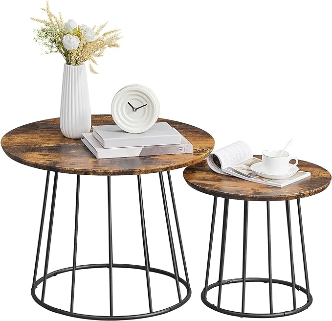 VASAGLE Round Coffee Tables, Set of 2, Modern Circle Side Tables with Steel Frame, for Living Room, Bedroom, Rustic Brown ULCT045K01 - LeafyLoom