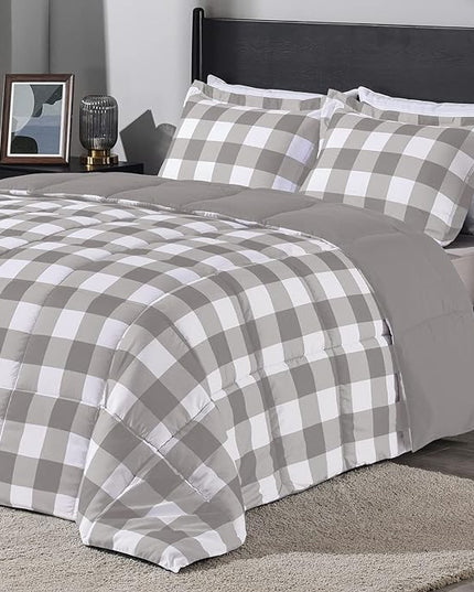 downluxe Lightweight Plaid Comforter Set (Twin) with 1 Pillow Sham - 2-Piece Set - Grey/White Plaid - Down Alternative Reversible Comforter - LeafyLoom