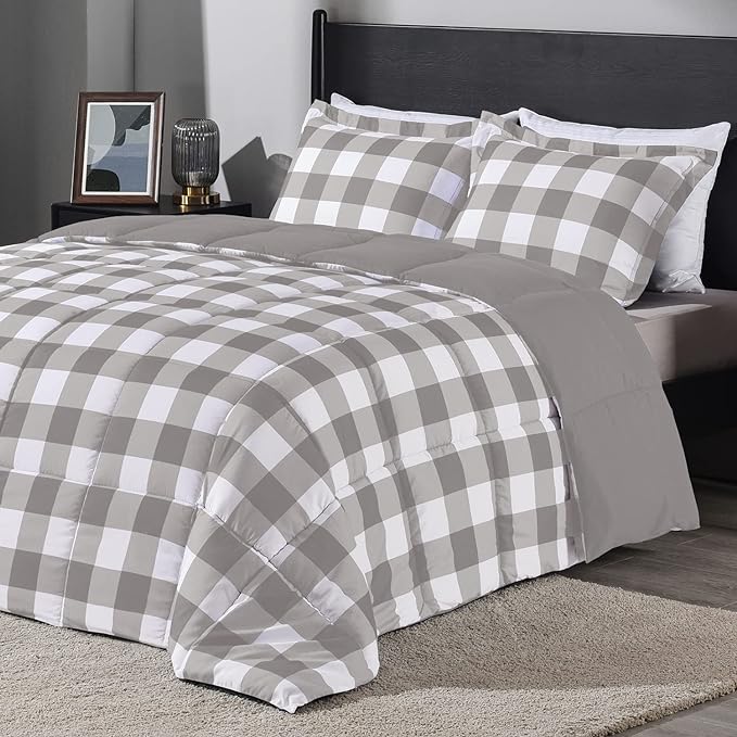 downluxe Lightweight Plaid Comforter Set (Twin) with 1 Pillow Sham - 2-Piece Set - Grey/White Plaid - Down Alternative Reversible Comforter - LeafyLoom