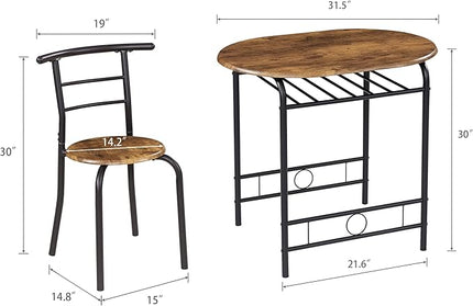 VECELO 3 Piece Small Round Dining Table Set for Kitchen Breakfast Nook, Wood Grain Tabletop with Wine Storage Rack, Save Space, 31.5", Antique & Black - LeafyLoom